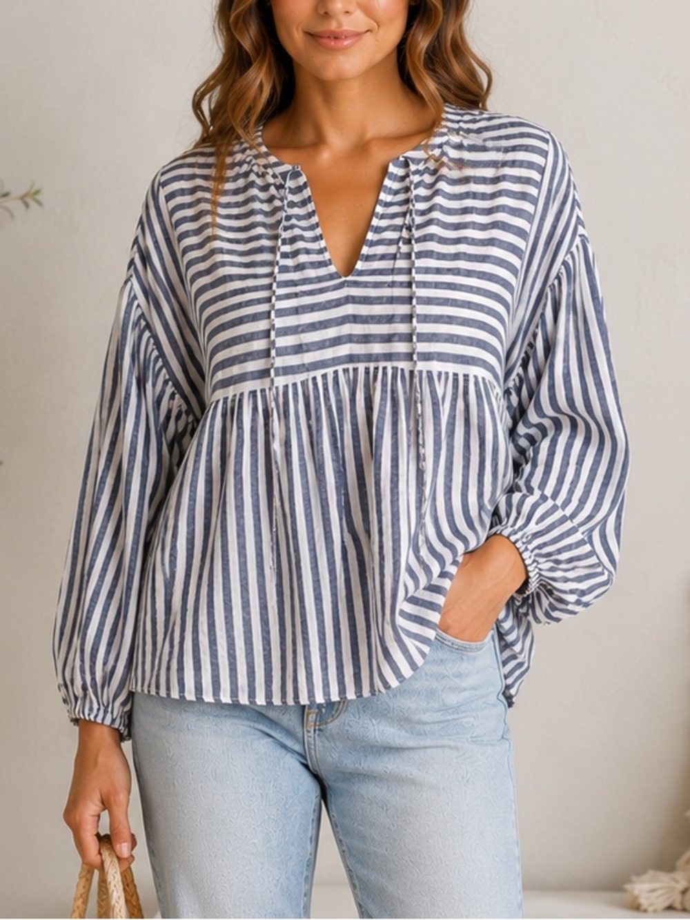 Velvet Heart Linen Blend Striped Peasant Blouse Blue White Coastal Boho Top L